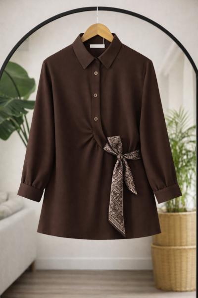 Fularlı Gömlek Tunik Kahverengi  DS2064