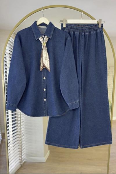 Fularlı Partolonlu Kot Takım Lacivert HT8038