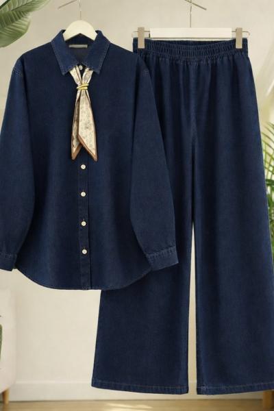 Fularlı pantolonlu Kot Takım Lacivert HT8076