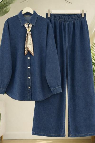 Fularlı pantolonlu Kot Takım Mavi HT8076