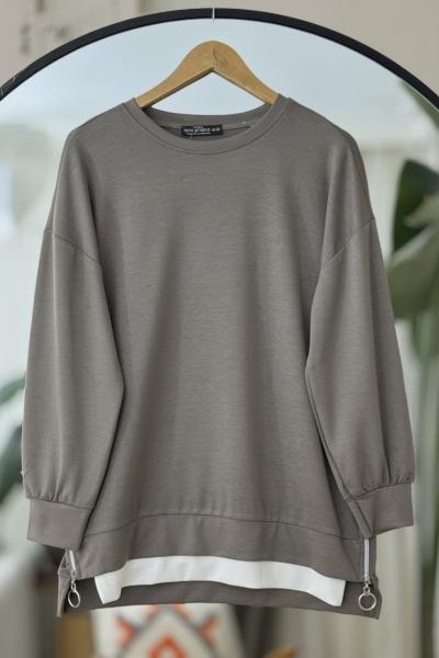 Garnili yanlardan fermuarlı Oysh Tunik Vizon NW6060