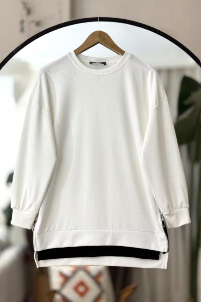 Garnili yanlardan fermuarlı Oysh Tunik Beyaz NW6060