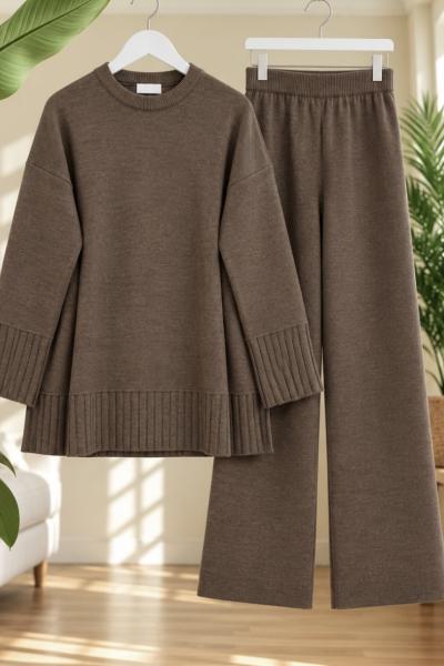 Geniş Manşetli Triko Tunik Pantolon Takım Kahve TCN40186
