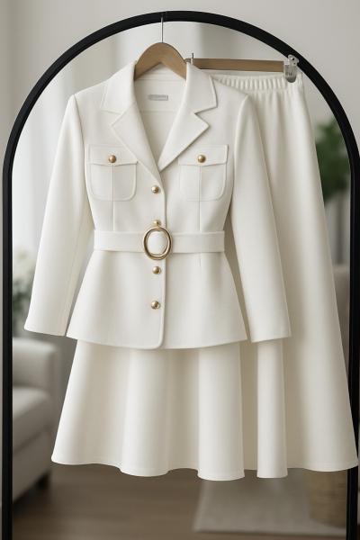 gold düğmeli cepli kemerli Takım Beyaz UMS50332