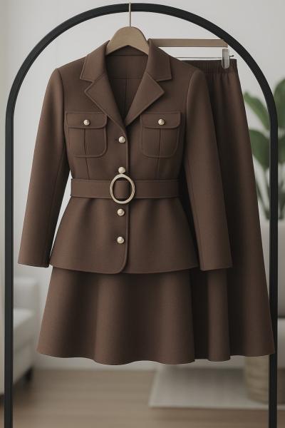 gold düğmeli cepli kemerli Takım KahveUMS50332