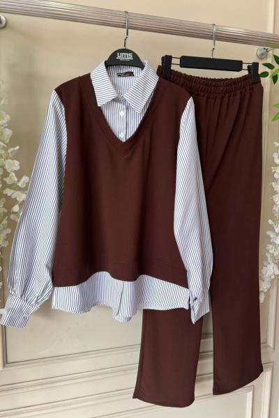 Gömlek Detaylı İkili Takım kahve UMS50230