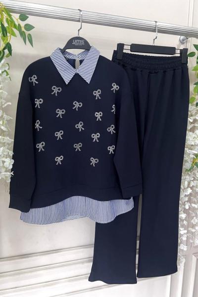 Gömlek garnili Kurdele taşlı Takım Lacivert UMS50239