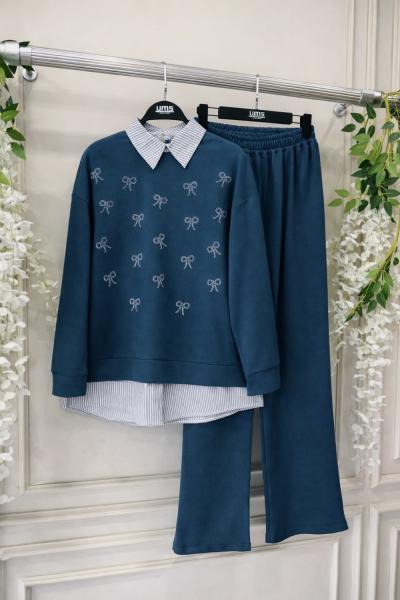 Gömlek garnili Kurdele taşlı Takım petrol mavi UMS50239