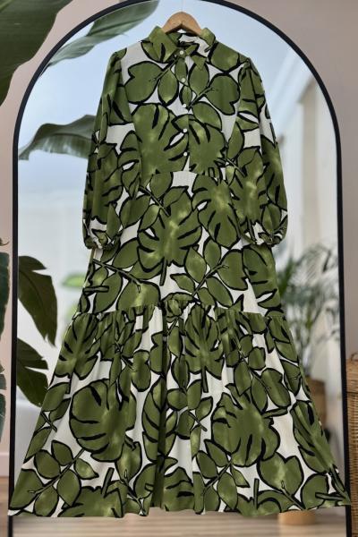 Gömlek Yakalı Desenli yarım Düğmeli Kiloş Elbise  Yeşil UMS50171