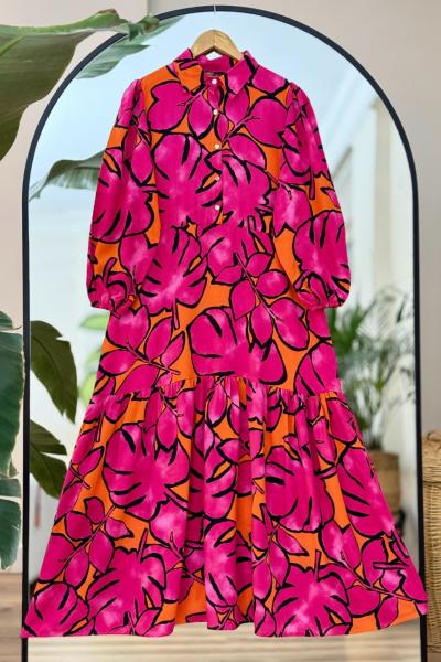 Gömlek Yakalı Desenli yarım Düğmeli Kiloş Elbise  Fuşya UMS50171