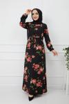 Gül Desen Örme krep Elbise Siyah-kırmızı HBS913