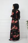 Gül Desen Örme krep Elbise Siyah-kırmızı HBS913