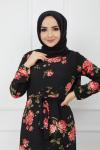 Gül Desen Örme krep Elbise Siyah-kırmızı HBS913
