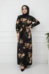 Gül Desen Örme krep Elbise Siyah-Bej HBS913