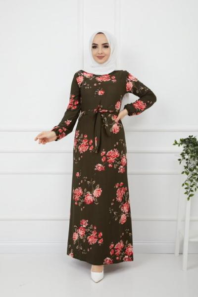 Gül Desen Örme krep Elbise Yeşil  HBS913