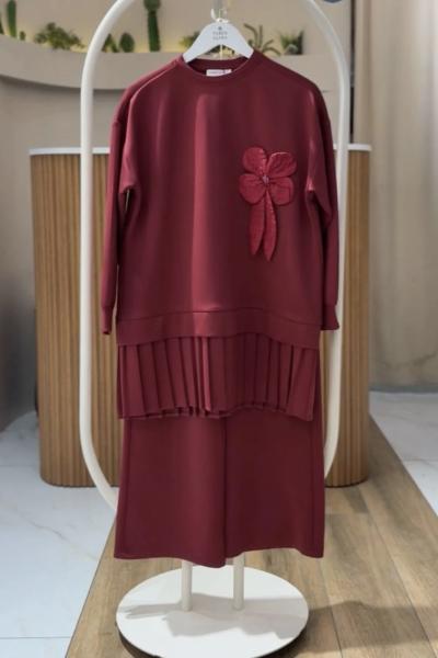 Gül Detaylı İkili Takım Bordo YR30551