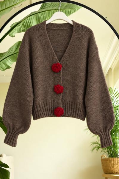 Gül detaylı Triko Hırka Kahve SL17623
