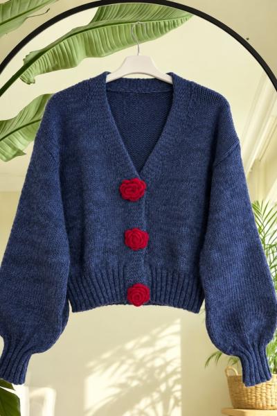 Gül detaylı Triko Hırka lacivert SL17623