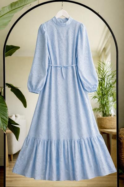 Hakim yaka  astarlı eteği fırfırlı elbise bebemavi UMS50347