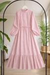 Hakim yaka  astarlı eteği fırfırlı elbise Pembe UMS50347