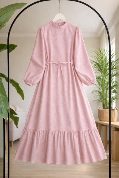 Hakim yaka  astarlı eteği fırfırlı elbise Pembe UMS50347