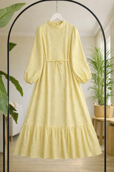 Hakim yaka  astarlı eteği fırfırlı elbise Sarı UMS50347