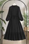 Hakim yaka  astarlı eteği fırfırlı elbise Siyah UMS50347