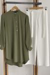 Hakim yaka düğmeli Ayrobin kumaş tunik Yeşil  SLT1610