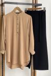 Hakim yaka düğmeli Ayrobin kumaş tunik camel SLT1610