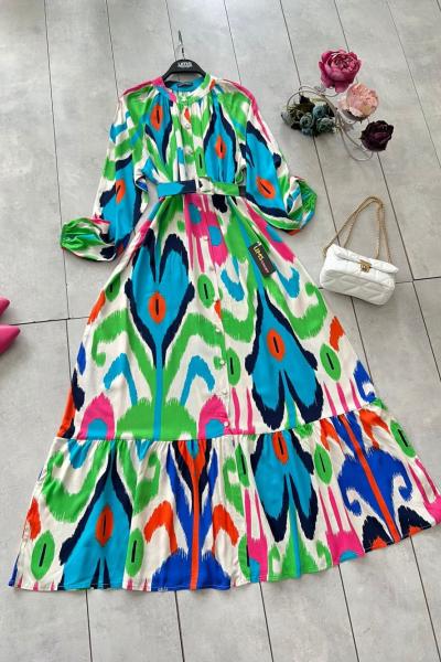 Hakimyaka kemerli boydan düğmeli elbise mavı yeşil  UMS5080