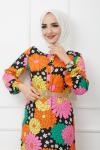 Hasır Kemerli Papatya Desen Elbise Turuncu UMS1140