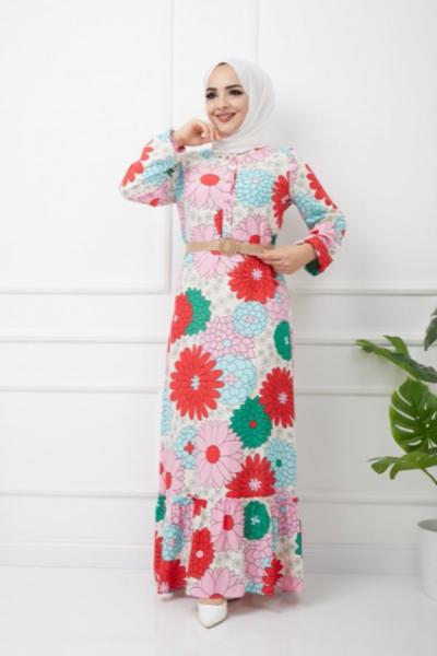 Hasır Kemerli Papatya Desen Elbise Pudra UMS1140