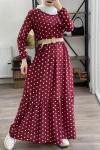 Hasır kemerli puanlı elbise Bordo HBS1476