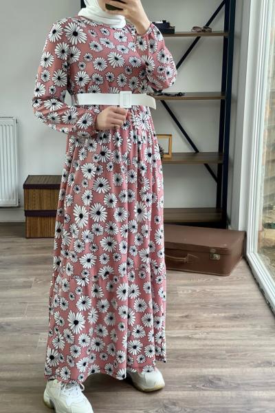 Hasır kemerli Papatya Desen elbise Pembe 715