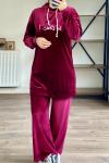 Hbs 1852 so chic yazılı kadife takım bordo