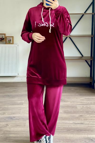 Hbs 1852 so chic yazılı kadife takım bordo
