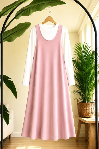 İçlik Kombinli Jile  Elbise Pembe TB9575