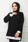 İki iplik kol etek beyaz detaylı tunik SiyahSlt1208