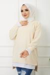 İki iplik kol etek beyaz detaylı tunik bej  Slt1208