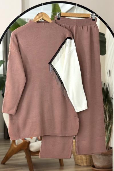 İki renk zincir detaylı  triko takım gül   SLT30181