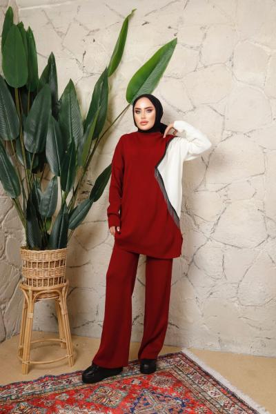 İki renk zincir detaylı  triko takım Bordo SLT30181