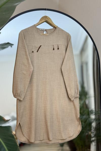 İkidüğme Detaylı Uzun Keten Tunik Bej SLT30269