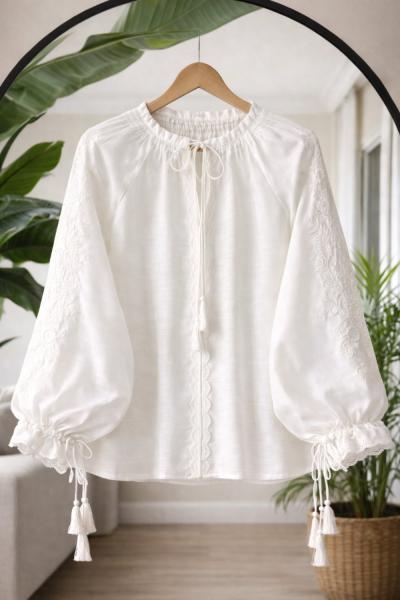 İspanyol kol bağcıklı  blüz Ekru QU30392