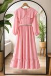 Jakarlı Kumaş pelerin  Yaka Elbise Pembe TCN40174