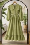 Jakarlı Kumaş pelerin  Yaka Elbise acıkYeşil TCN40174