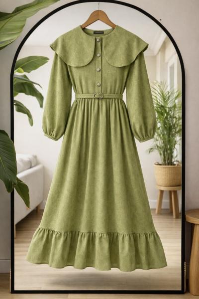 Jakarlı Kumaş pelerin  Yaka Elbise acıkYeşil TCN40174