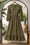 Jakarlı Kumaş pelerin  Yaka Elbise Haki TCN40174