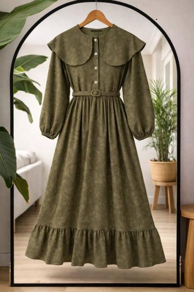Jakarlı Kumaş pelerin  Yaka Elbise Haki TCN40174
