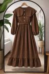Jakarlı Kumaş pelerin  Yaka Elbise Kahverengi TCN40174