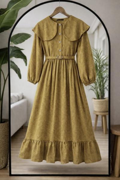Jakarlı Kumaş pelerin  Yaka Elbise Yağyeşil TCN40174